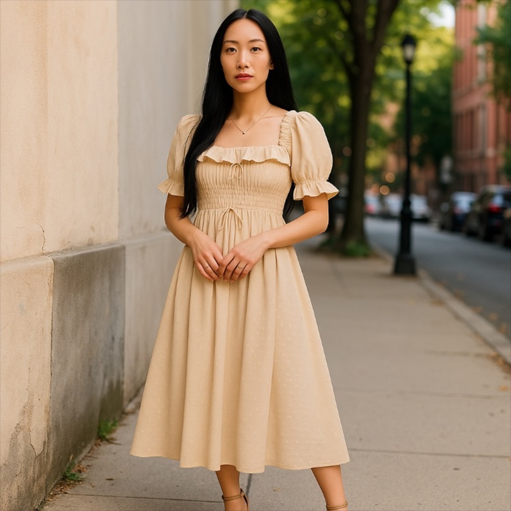 R.YIposha Women’s Baby Doll Smock Square Neck Ruffle Half Sleeve Dress Size M